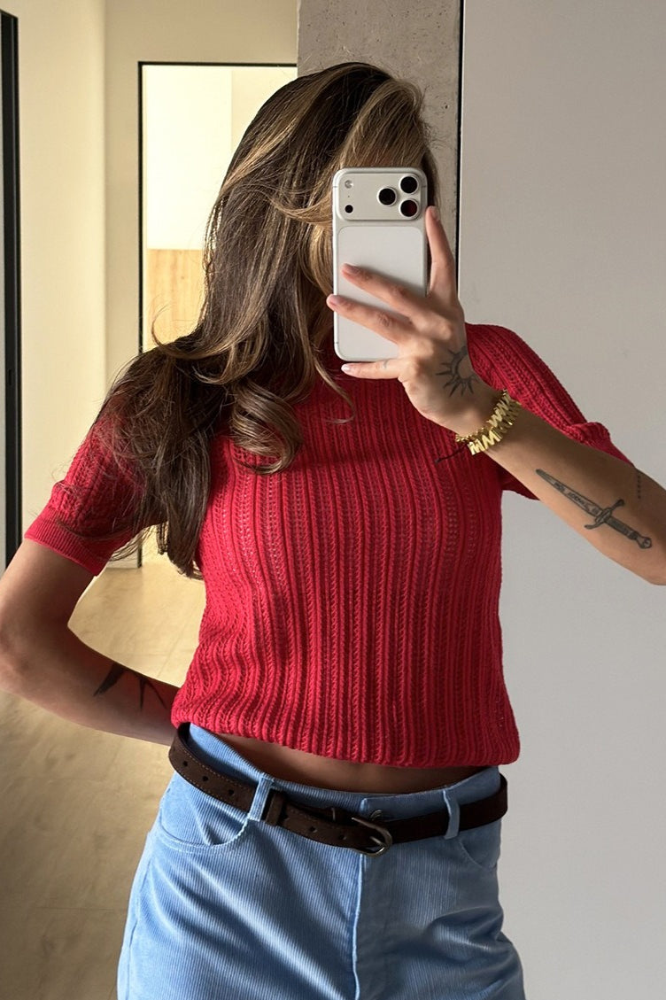 Ażurowy Sweter Z Krótkim Rękawem O Dopasowanym Fasonie