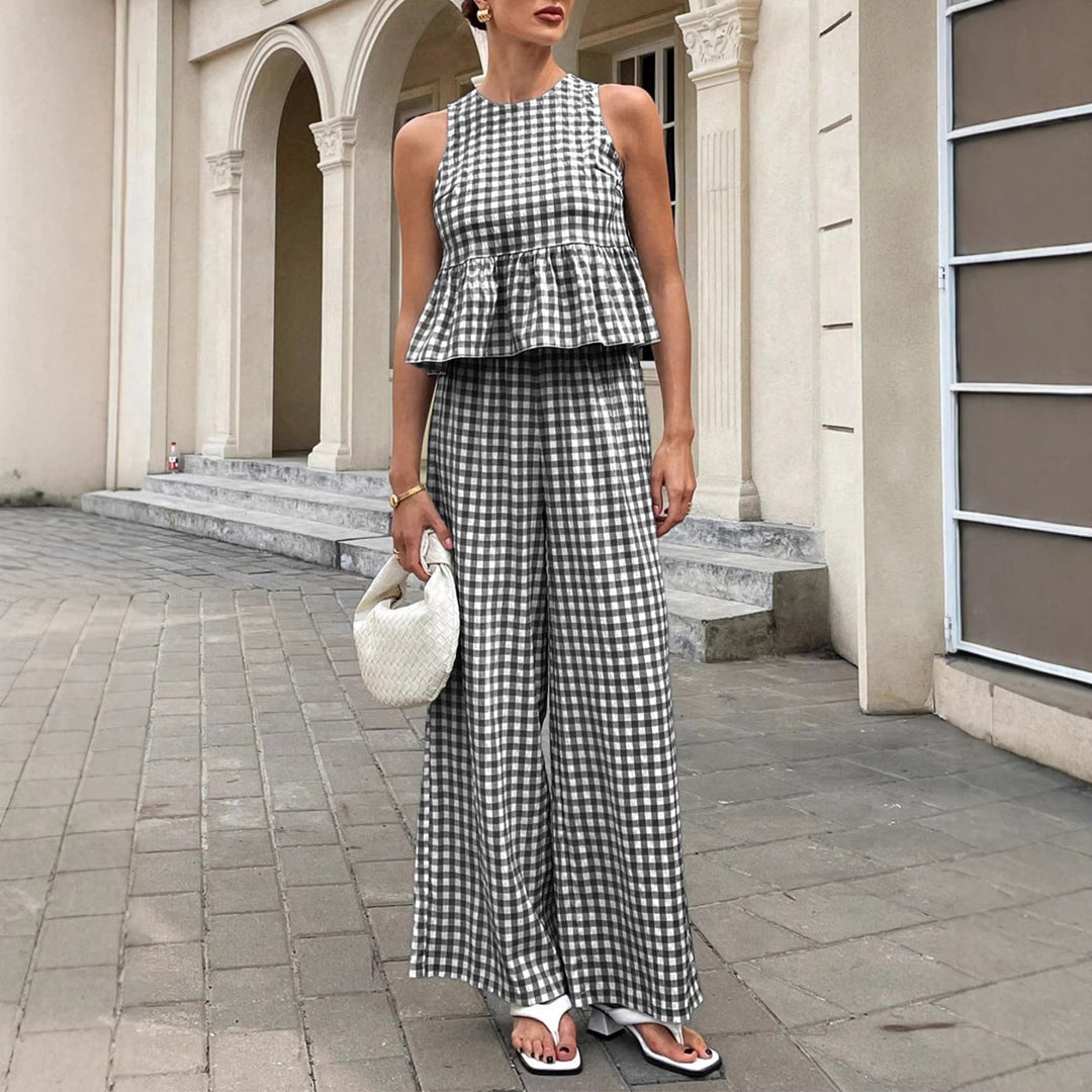 Rosalie | Komplet W Kratkę Z Baskinką I Szerokimi Spodniami