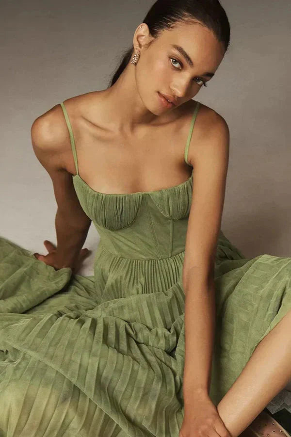Émeraude | Plisowana Sukienka Midi Z Gorsetową Górą