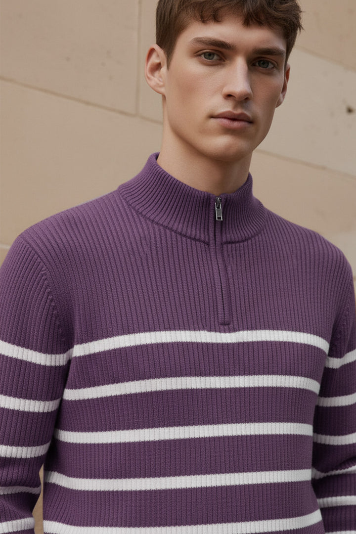 Sweter | Patryk – Fioletowy z Białymi Paskami