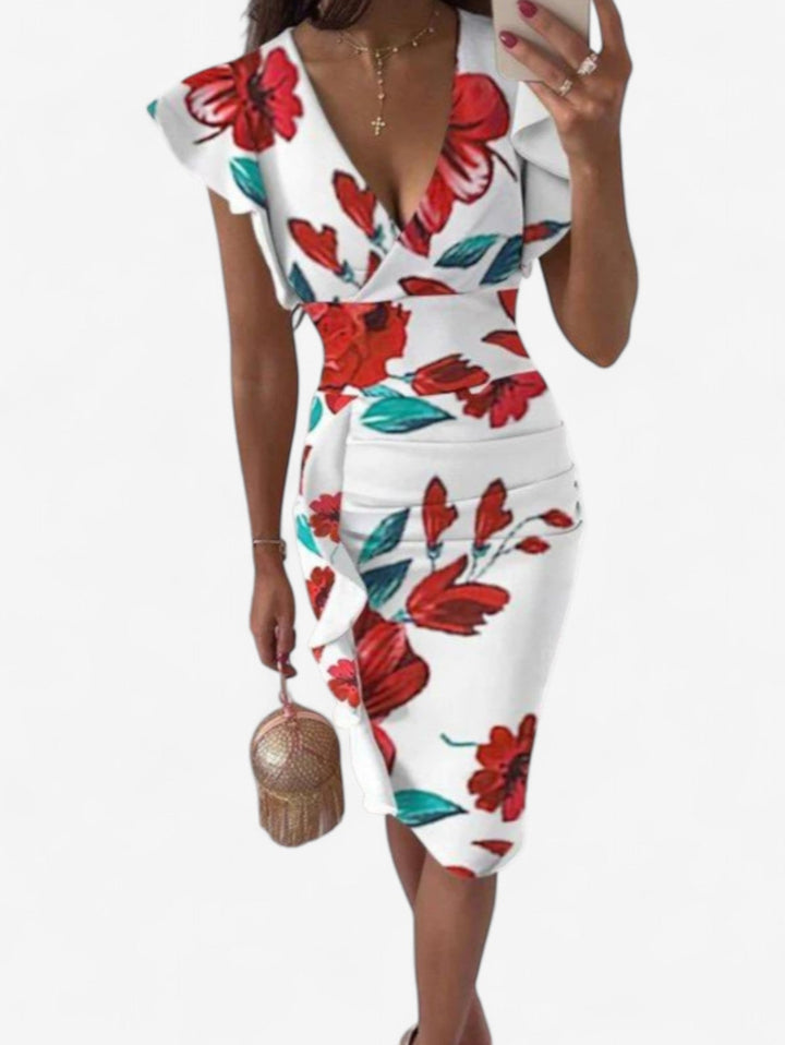 Valentina | Elegancka Sukienka Midi Bodycon Z Falbankowymi Rękawkami