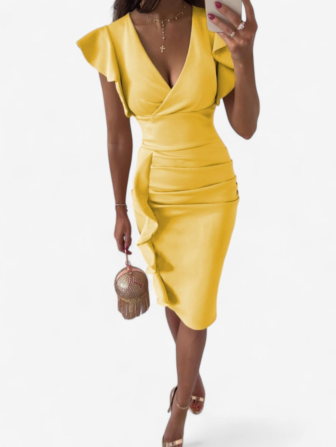 Valentina | Elegancka Sukienka Midi Bodycon Z Falbankowymi Rękawkami