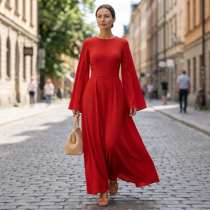 Izabela | Sukienka Maxi Z Paskiem I Rękawem Dzwon