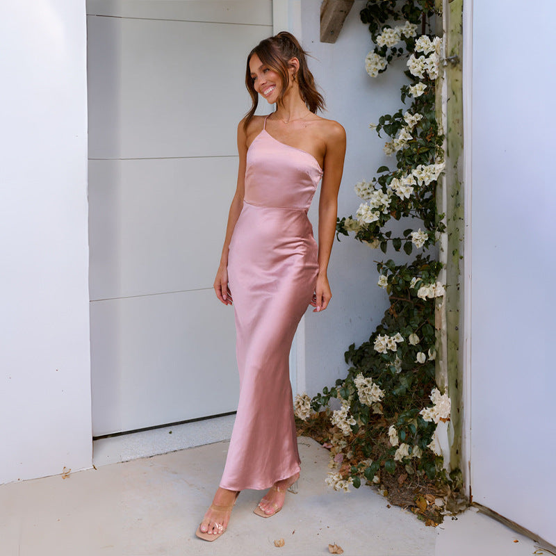 Damska Asymetryczna Sukienka Maxi Z Satyny