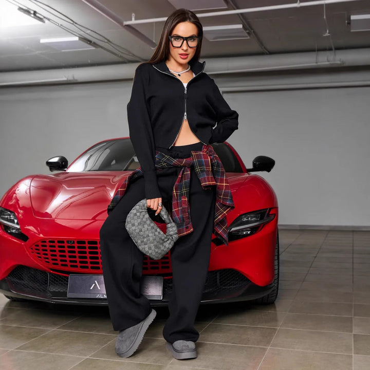 Damski loungewear z kardiganem i spodniami z wysokim stanem