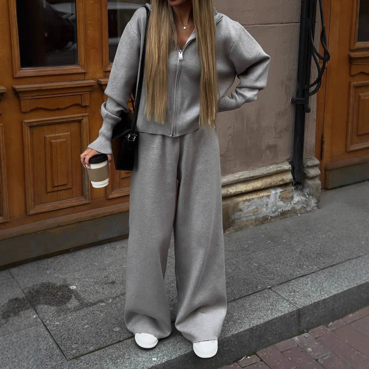 Damski dzianinowy komplet loungewear z kardiganem i szerokimi spodniami