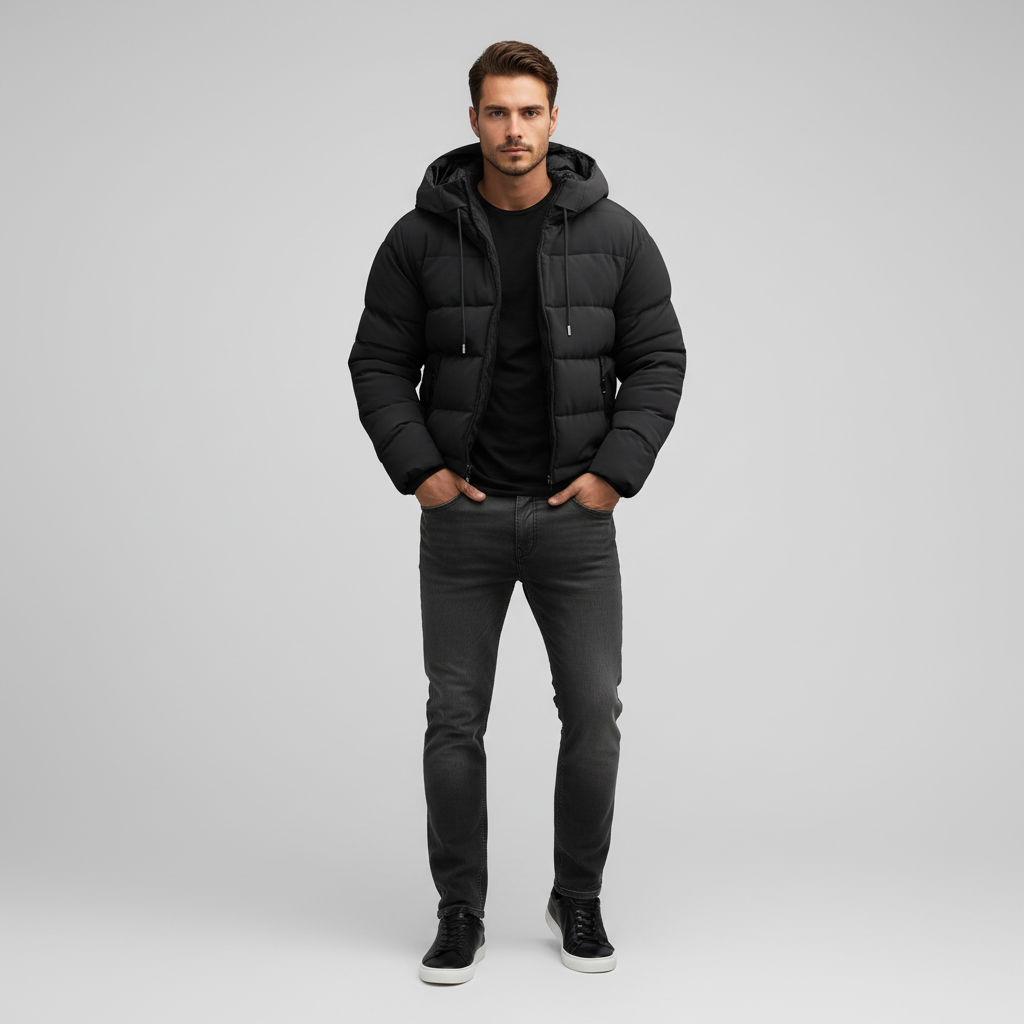Kurtka Męska Pikowana Zimowa z Kapturem