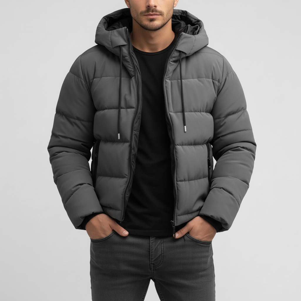Kurtka Męska Pikowana Zimowa z Kapturem