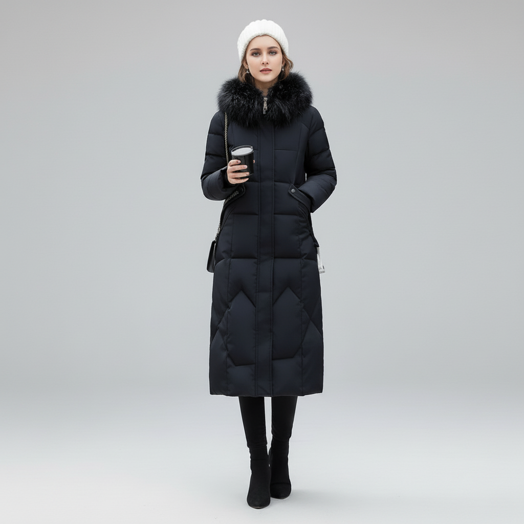 Płaszcz Damski Zimowy Maxi Pikowany z Kapturem