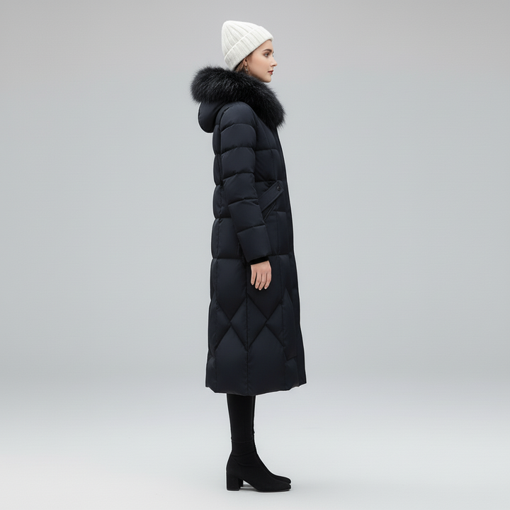 Płaszcz Damski Zimowy Maxi Pikowany z Kapturem