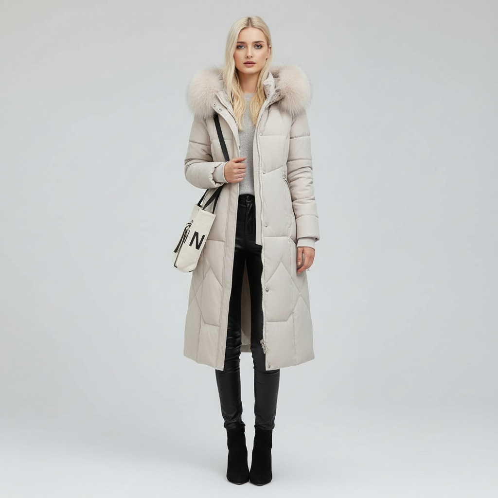 Płaszcz Damski Zimowy Maxi Pikowany z Kapturem