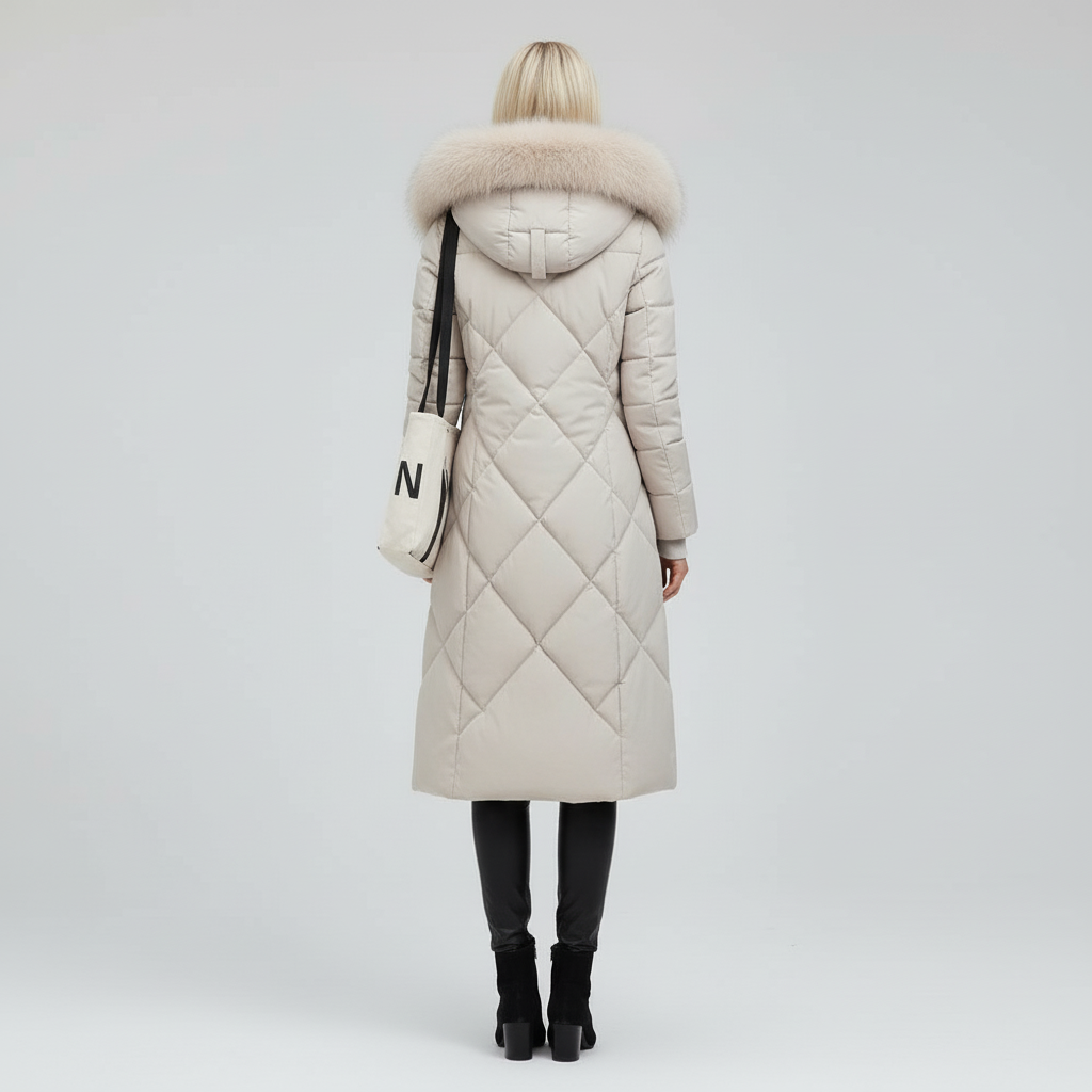 Płaszcz Damski Zimowy Maxi Pikowany z Kapturem