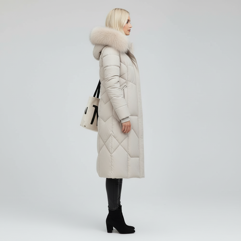 Płaszcz Damski Zimowy Maxi Pikowany z Kapturem