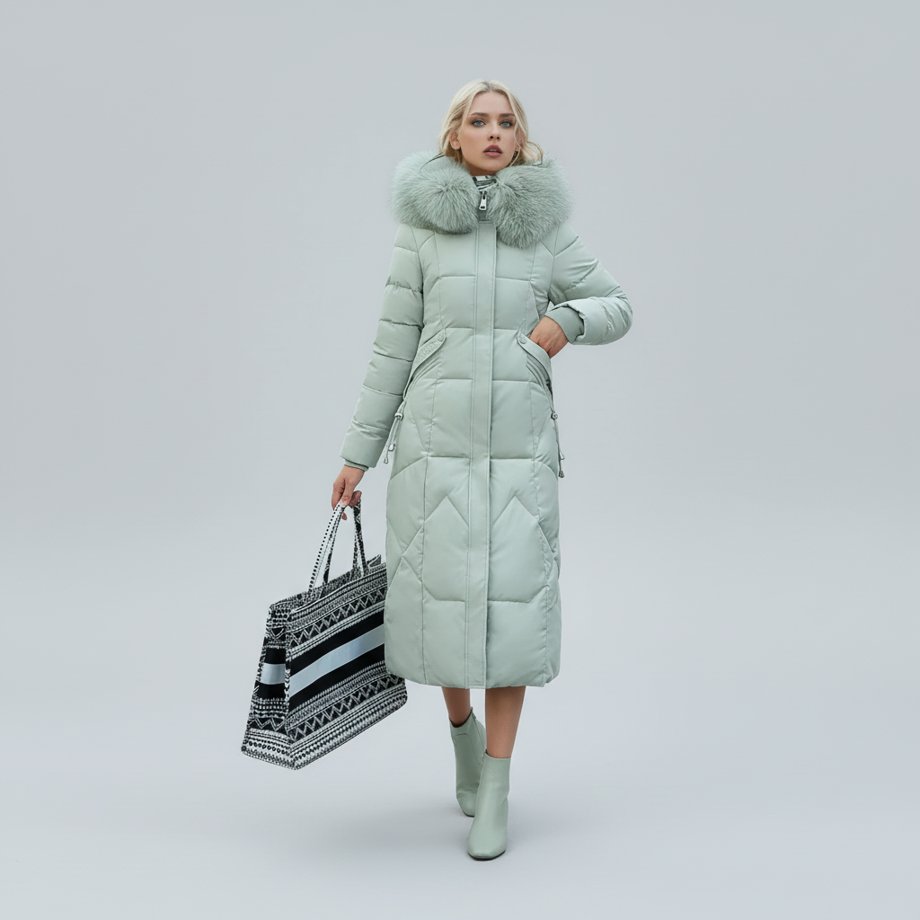 Płaszcz Damski Zimowy Maxi Pikowany z Kapturem