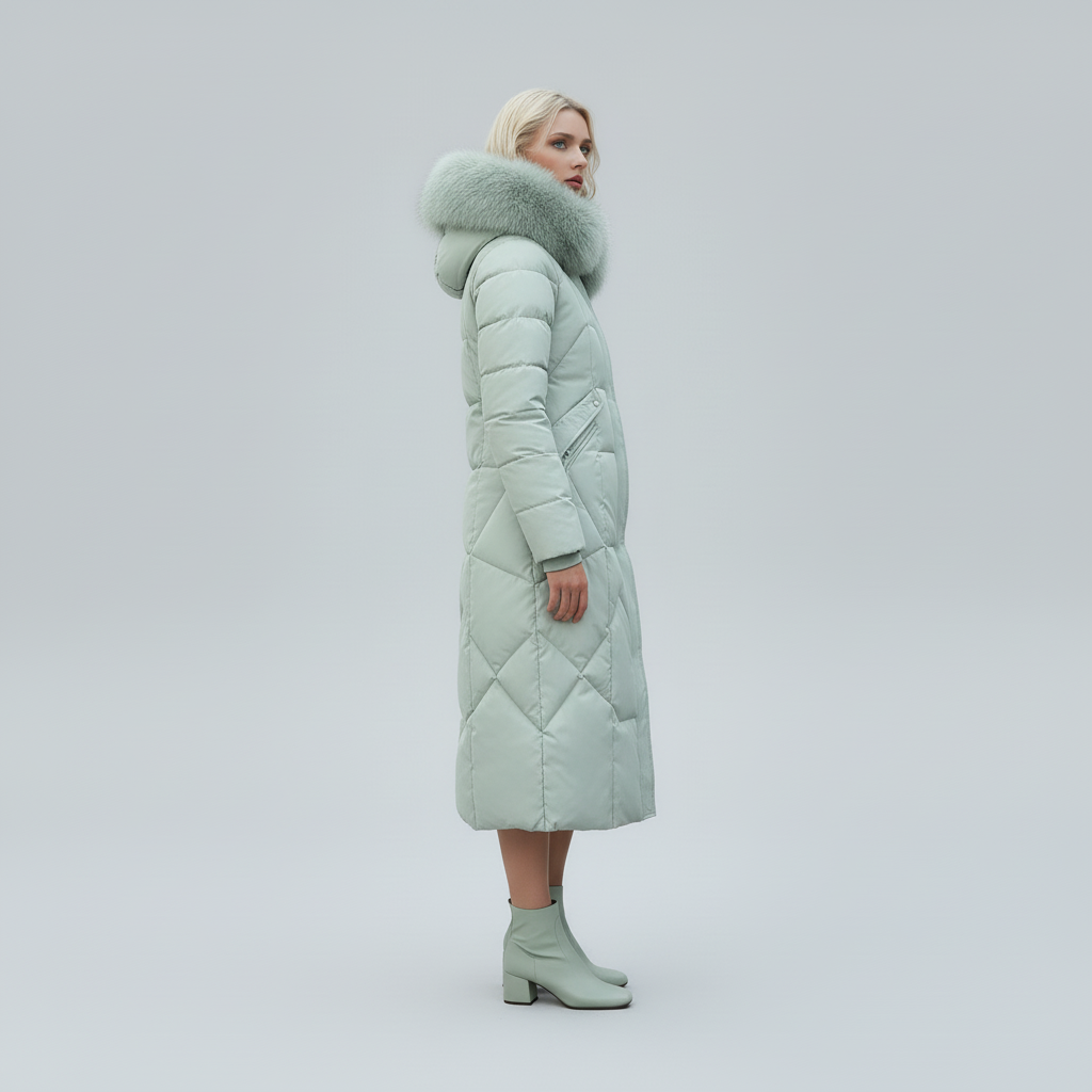 Płaszcz Damski Zimowy Maxi Pikowany z Kapturem