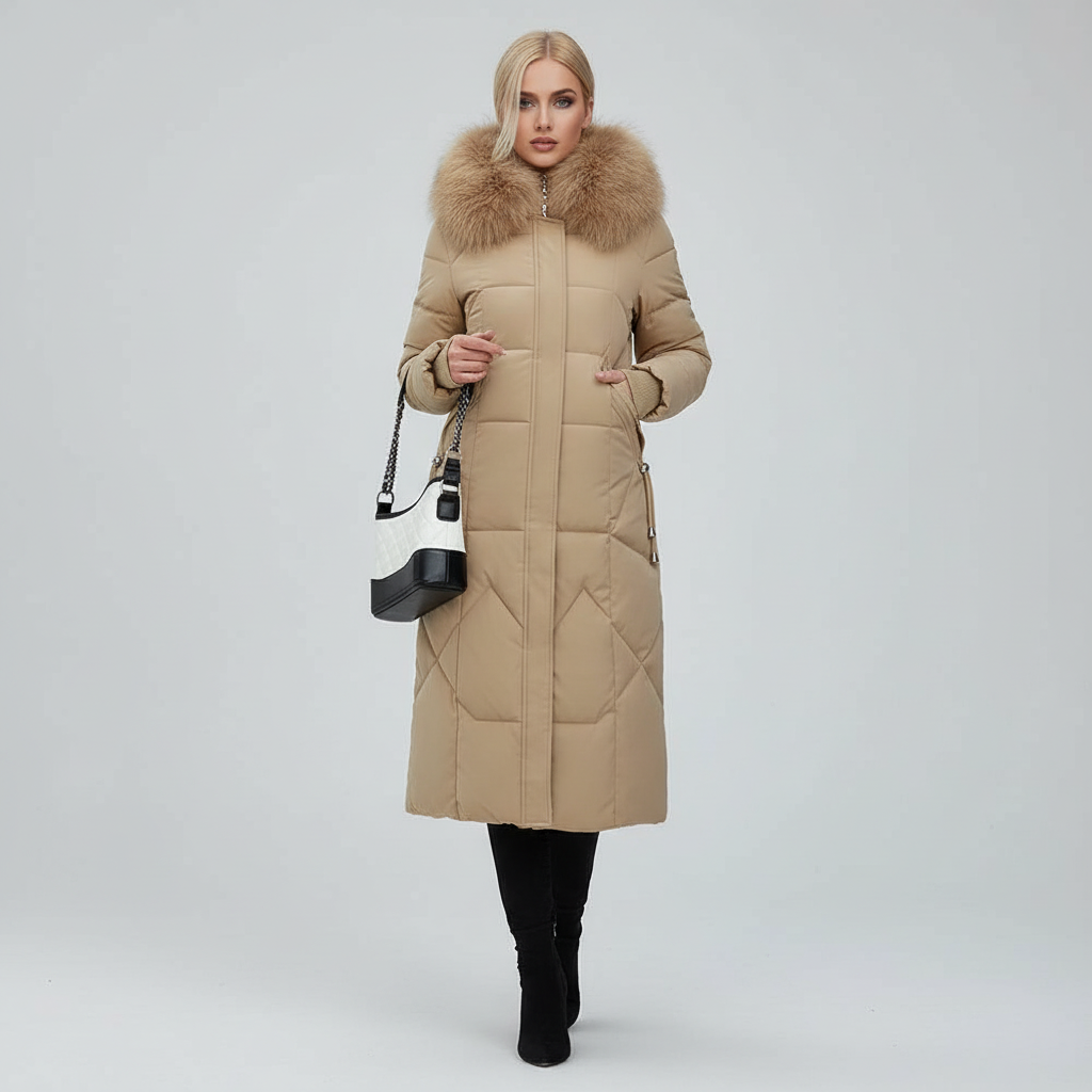 Płaszcz Damski Zimowy Maxi Pikowany z Kapturem