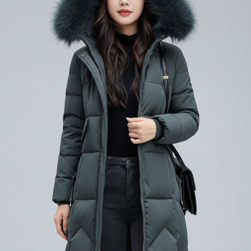 Płaszcz Damski Zimowy Maxi Pikowany z Kapturem