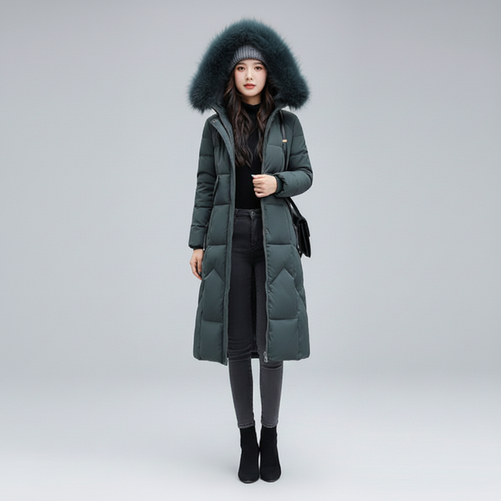 Płaszcz Damski Zimowy Maxi Pikowany z Kapturem