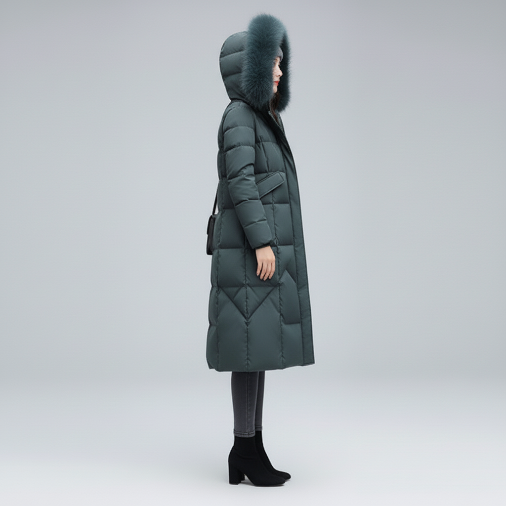 Płaszcz Damski Zimowy Maxi Pikowany z Kapturem