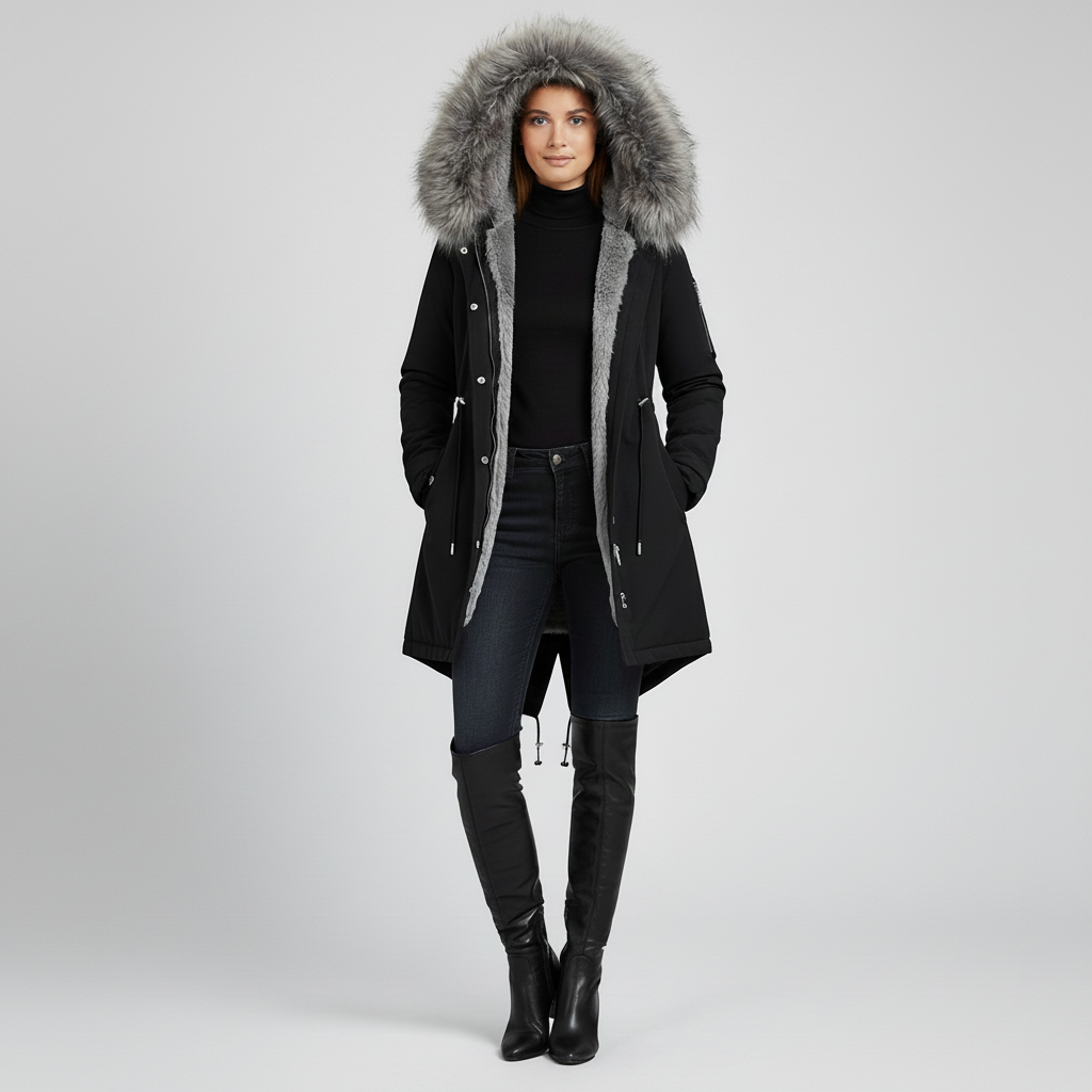 Kurtka Damska Zimowa Parka Długa z Kapturem
