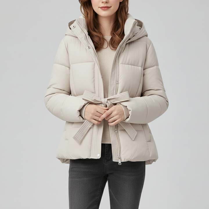 Damska Pikowana Kurtka z Kapturem i Paskiem