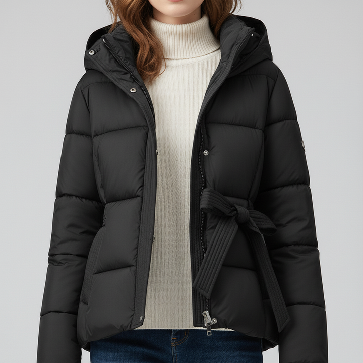 Damska Pikowana Kurtka z Kapturem i Paskiem