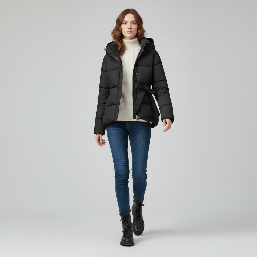 Damska Pikowana Kurtka z Kapturem i Paskiem