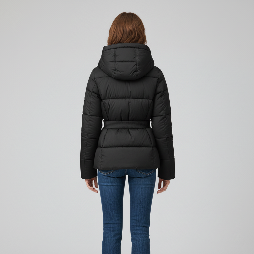 Damska Pikowana Kurtka z Kapturem i Paskiem