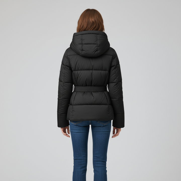 Damska Pikowana Kurtka z Kapturem i Paskiem