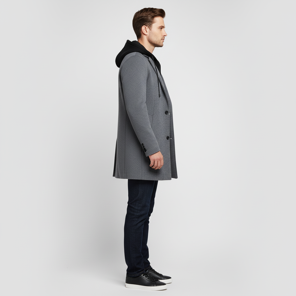 Płaszcz męski z kapturem i kołnierzem
