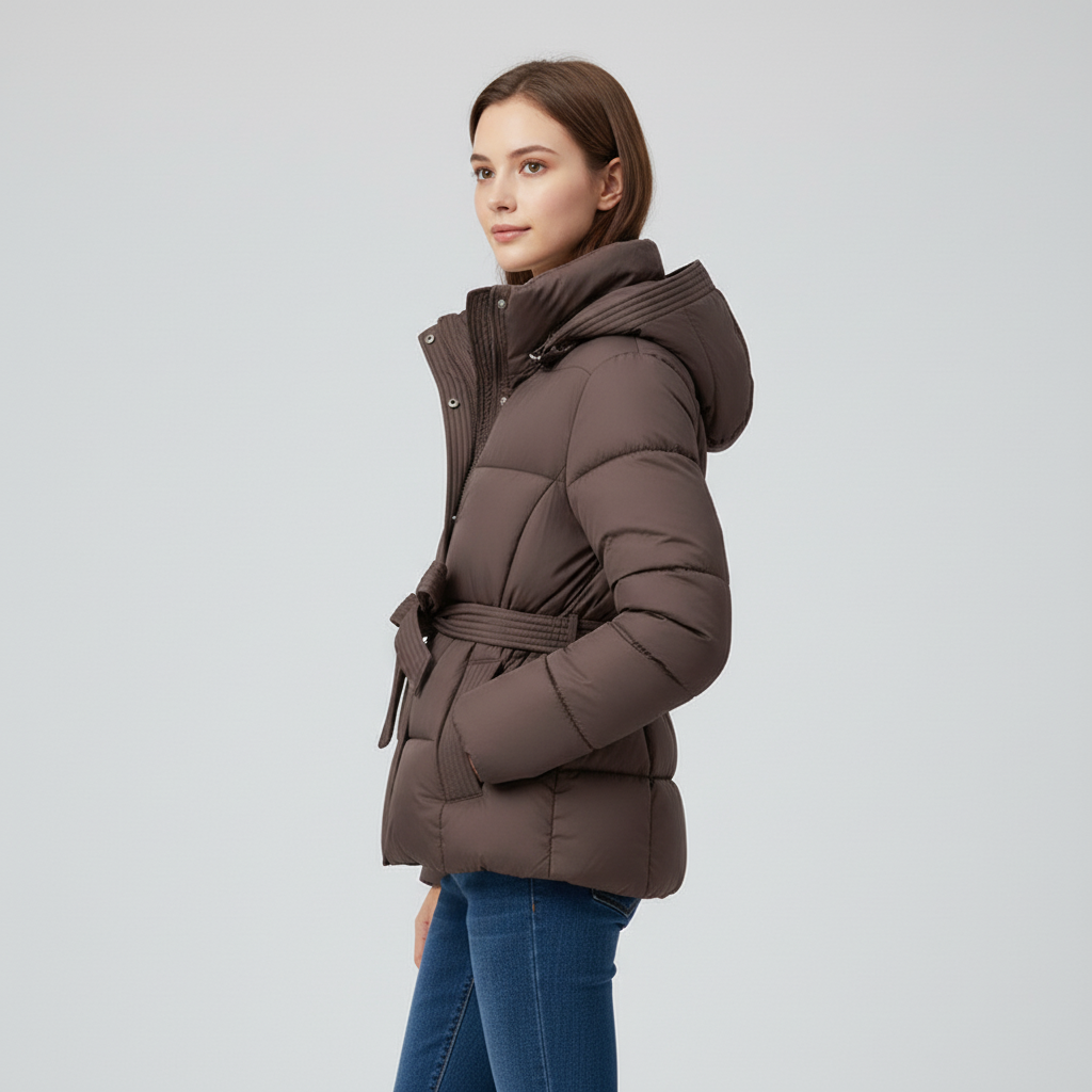 Damska Pikowana Kurtka z Kapturem i Paskiem