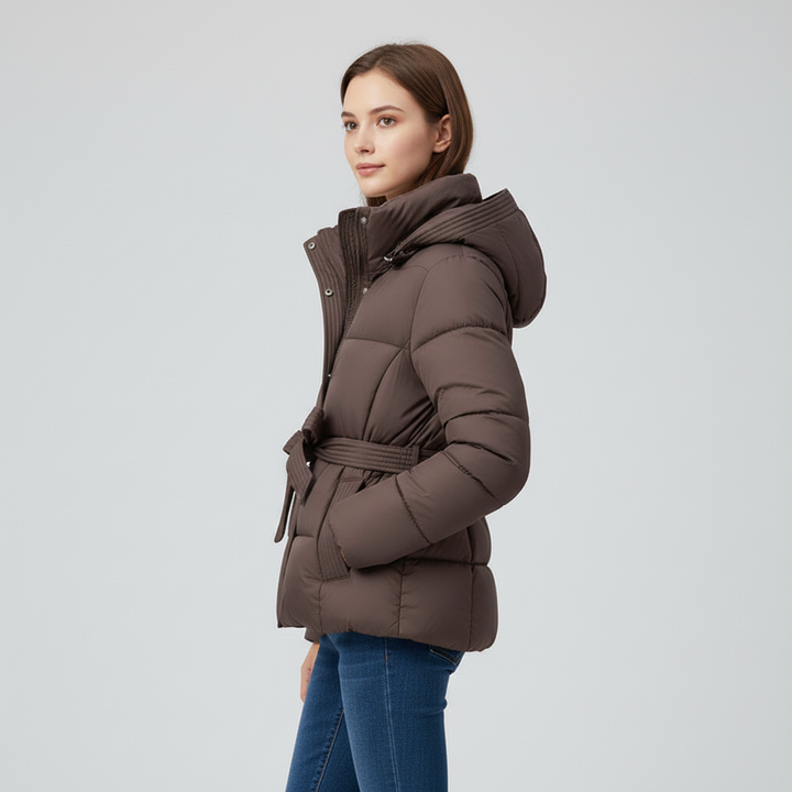 Damska Pikowana Kurtka z Kapturem i Paskiem