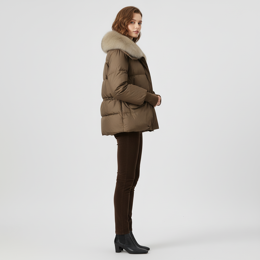 Damska Długa Kurtka Puchowa Z Futrzanym Kołnierzem