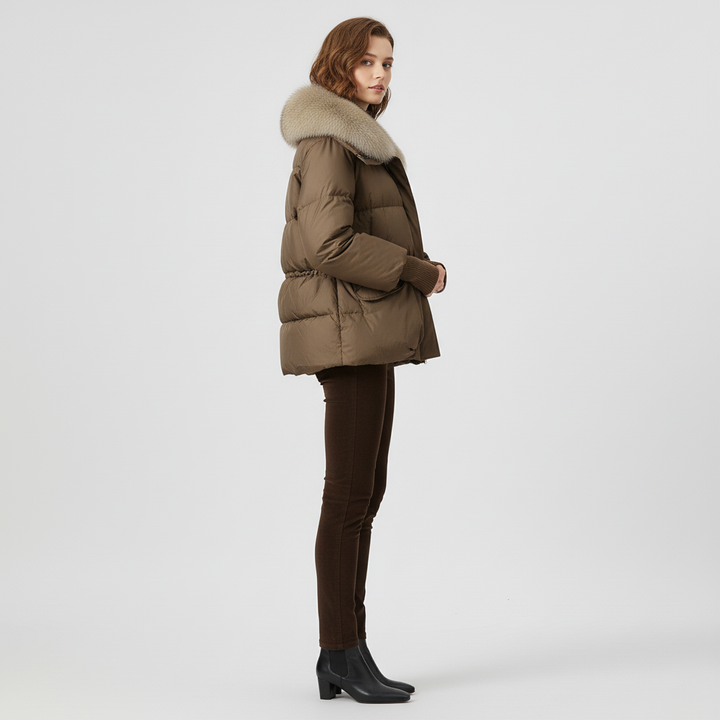 Damska Długa Kurtka Puchowa Z Futrzanym Kołnierzem