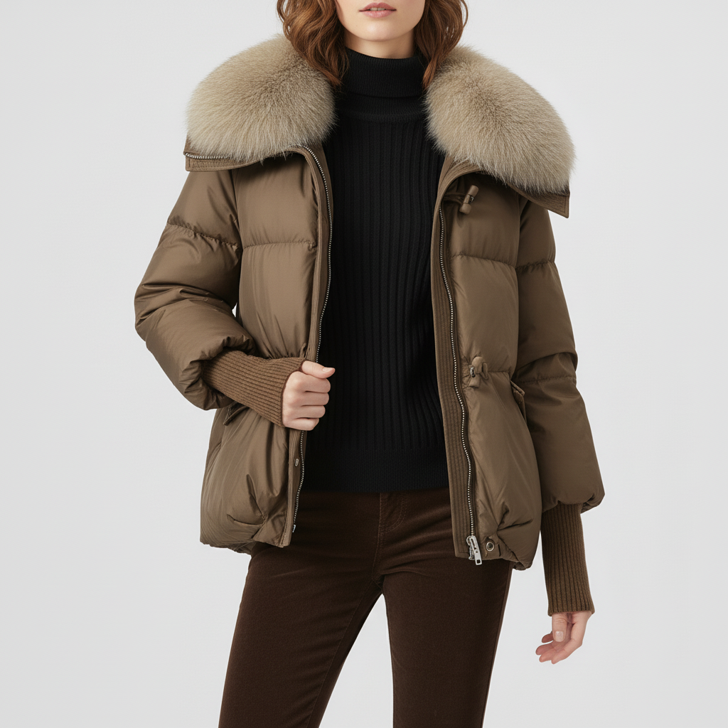 Damska Długa Kurtka Puchowa Z Futrzanym Kołnierzem