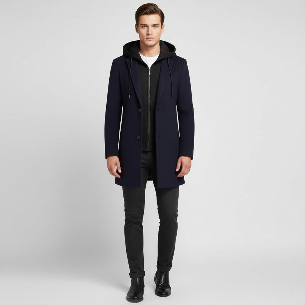 Płaszcz męski z kapturem i kołnierzem