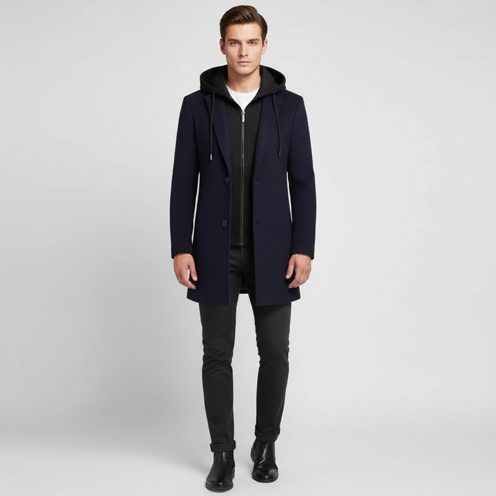 Płaszcz męski z kapturem i kołnierzem