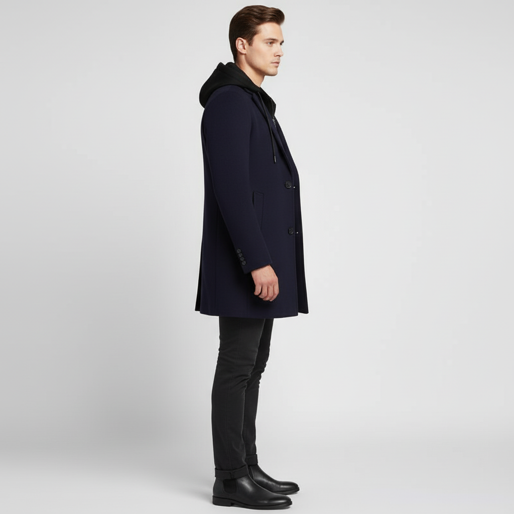 Płaszcz męski z kapturem i kołnierzem
