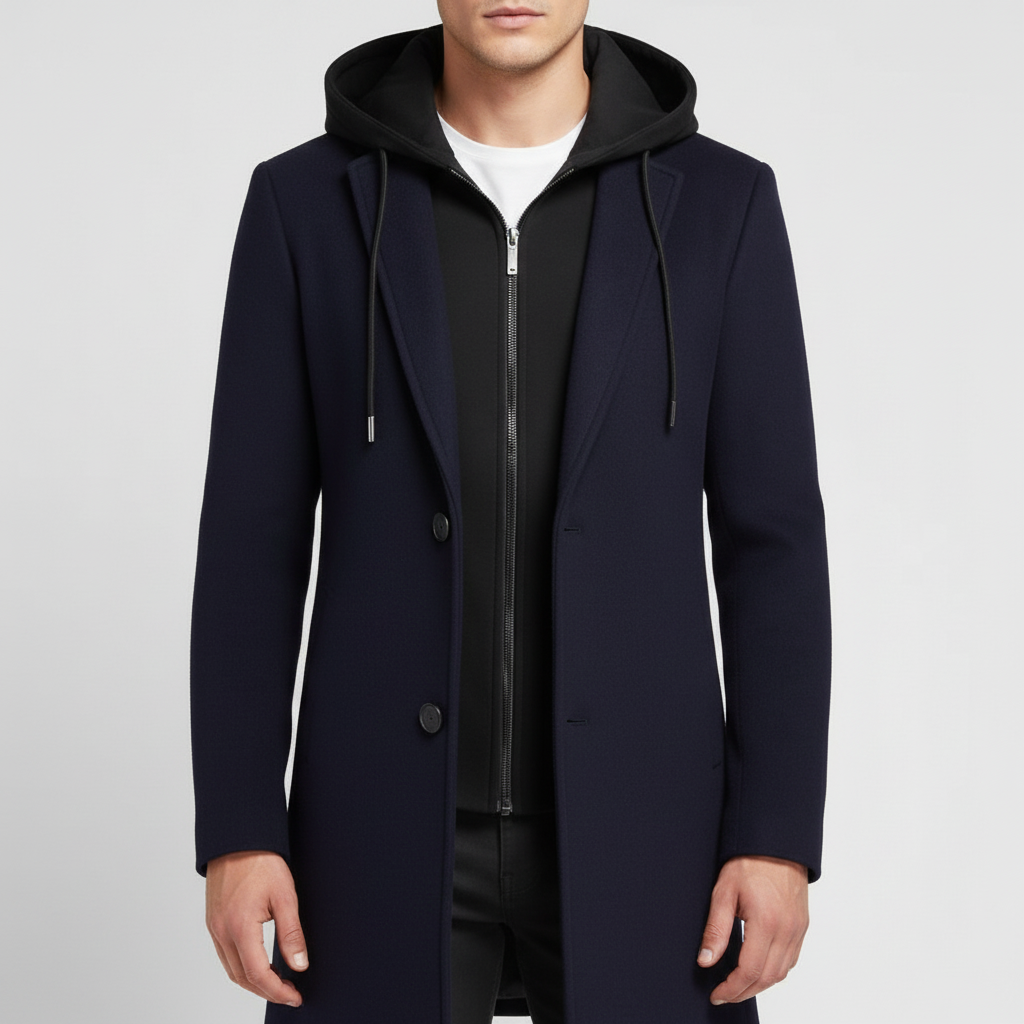 Płaszcz męski z kapturem i kołnierzem