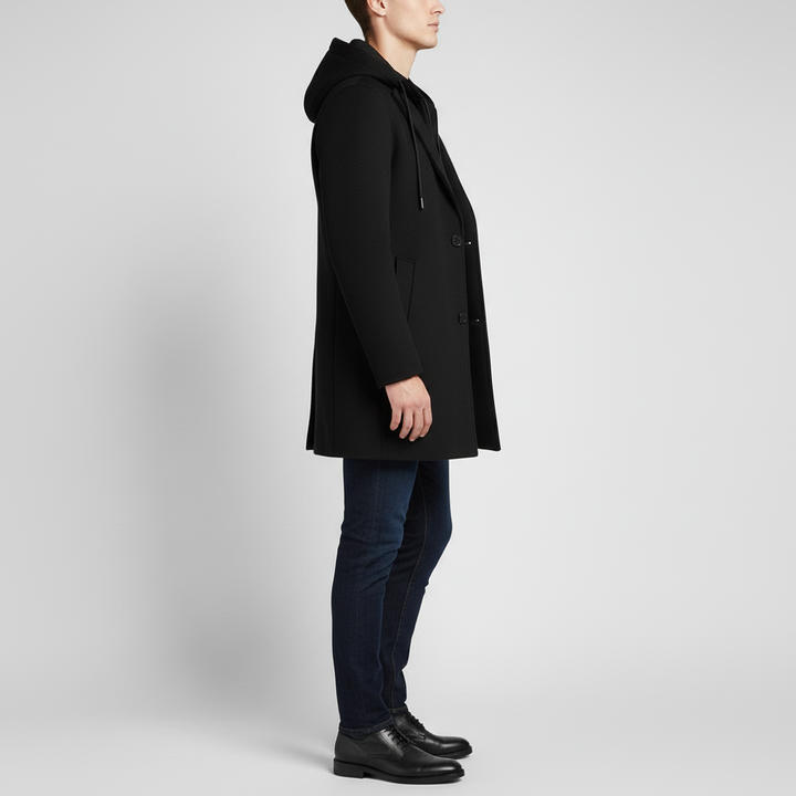 Płaszcz męski z kapturem i kołnierzem