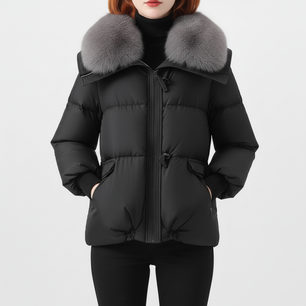 Damska Długa Kurtka Puchowa Z Futrzanym Kołnierzem