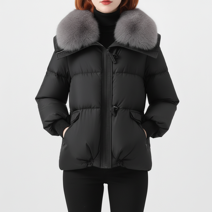 Damska Długa Kurtka Puchowa Z Futrzanym Kołnierzem