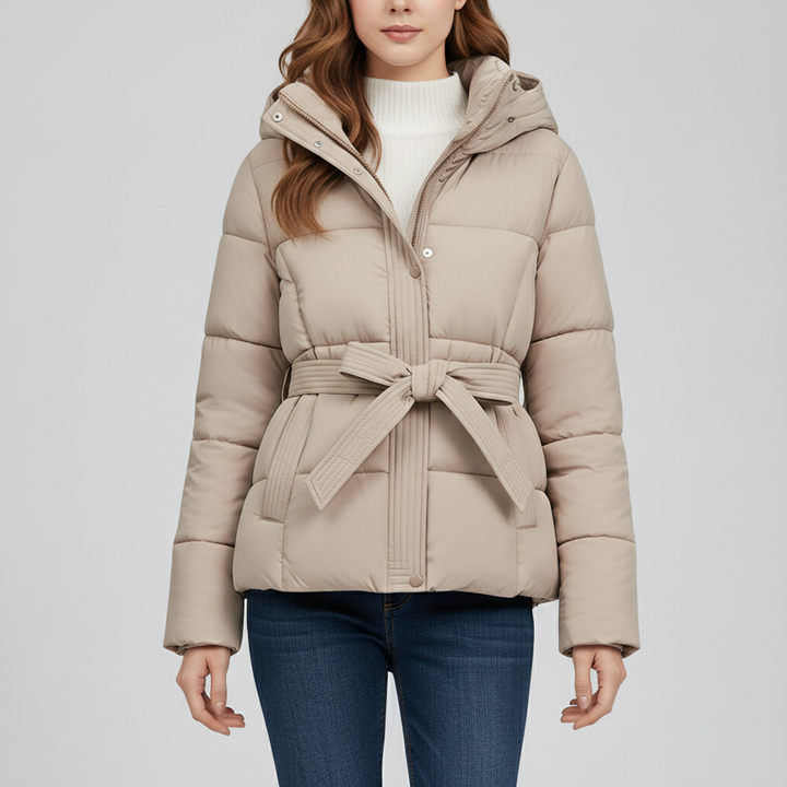 Damska Pikowana Kurtka z Kapturem i Paskiem