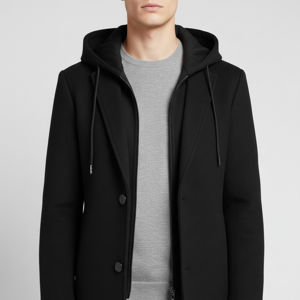 Płaszcz męski z kapturem i kołnierzem