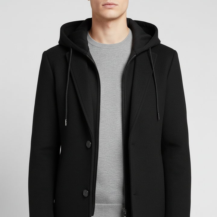 Płaszcz męski z kapturem i kołnierzem