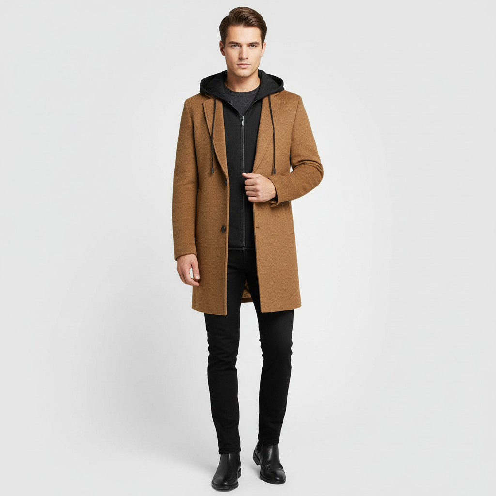 Płaszcz męski z kapturem i kołnierzem