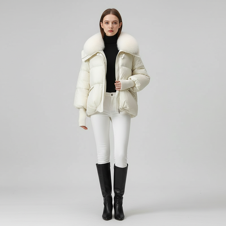 Damska Długa Kurtka Puchowa Z Futrzanym Kołnierzem