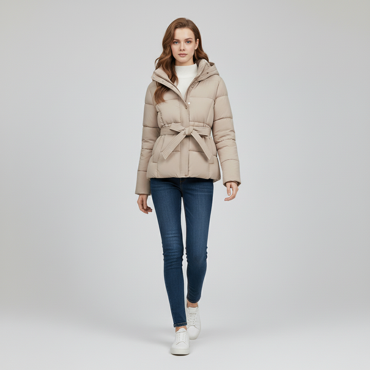 Damska Pikowana Kurtka z Kapturem i Paskiem
