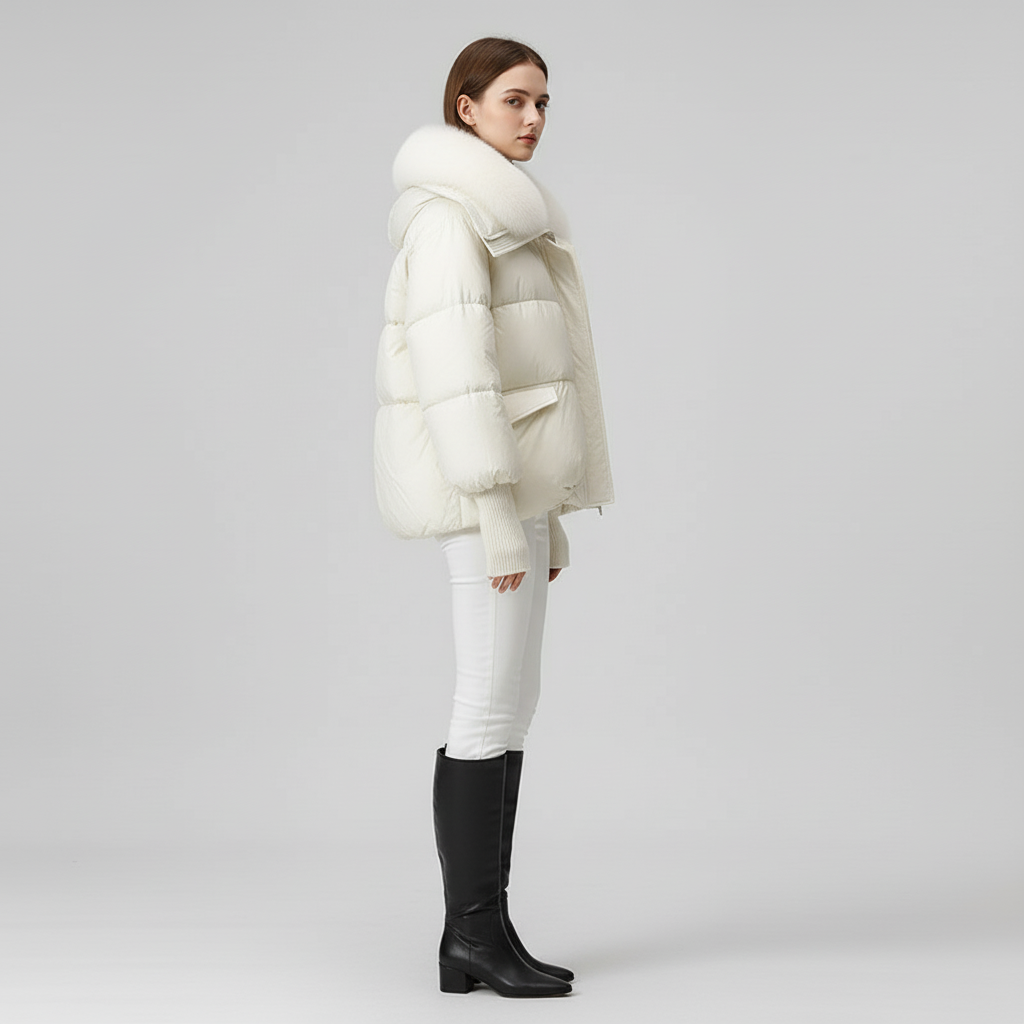 Damska Długa Kurtka Puchowa Z Futrzanym Kołnierzem