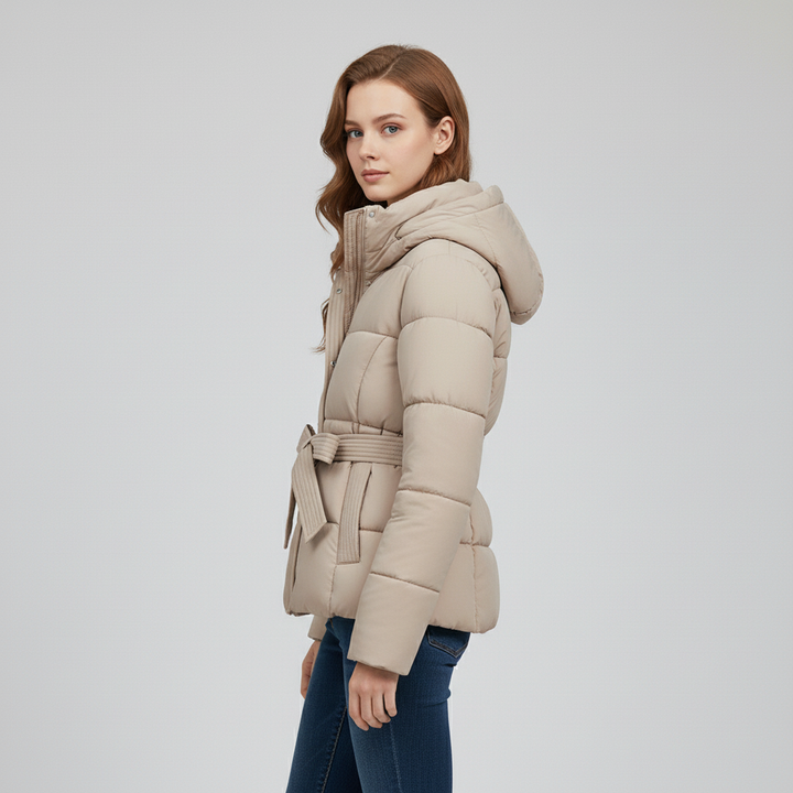 Damska Pikowana Kurtka z Kapturem i Paskiem